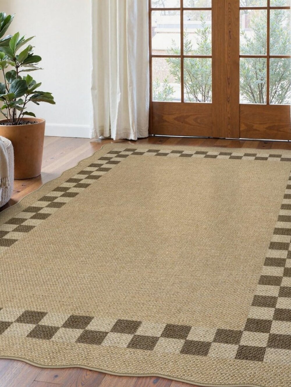Easy Jute Checkered Outdoor 5x7 Rug for Living Room, Scalloped Washable Rugs for